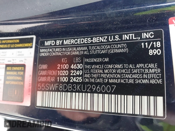 2019 Mercedes-Benz C 300 z VIN 55SWF8DB3KU296007, wystawiony jako IAAI lot #41563261 z przebiegiem 155 185 mil mil oraz . Historia ofert i sprzedaży dostępna na DreamBid. Obrazek 9.