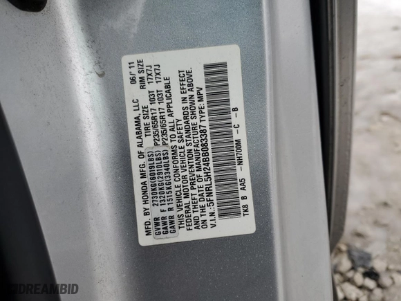 2011 Honda Odyssey LX with VIN 5FNRL5H24BB083387, listed as a Copart auction lot 43551985 with 0 mi miles and Salvage Title. Bid and sale history available at carsss.com. Image 13.