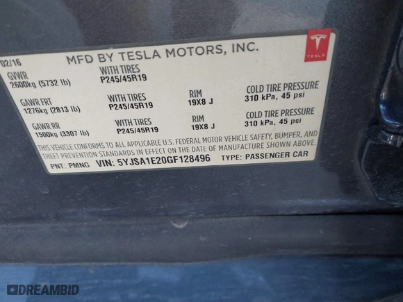 2016 Tesla Model S 90D with VIN 5YJSA1E20GF128496, listed as a IAAI auction lot 41214785 with 126,671 mi miles. Bid and sale history available at carsss.com. Image 9.