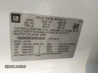 2016 Chevrolet Tahoe LTZ with VIN 1GNSKCKC9GR243895, listed as a IAAI auction lot 42322779 with 162,138 mi miles and . Bid and sale history available at DreamBid. Image 9.