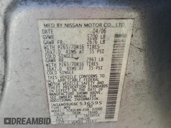 2006 Nissan Xterra SE с VIN 5N1AN08U66C536595, выставлен на аукционе Copart как лот 50343285 с пробегом 147 226 миль миль и Списание • Salvage title. История ставок и продаж доступна на DreamBid. Изображение 13.