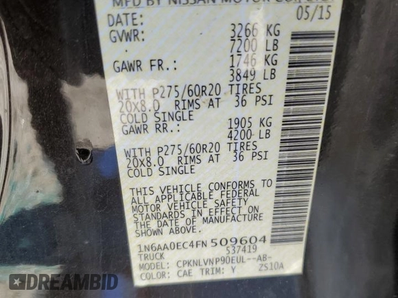 2015 Nissan Titan SL with VIN 1N6AA0EC4FN509604, listed as a Copart auction lot 49650865 with 100,184 mi miles and Salvage Title. Bid and sale history available at carsss.com. Image 15.