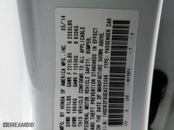 2014 Honda Accord Sedan EX-L with VIN 1HGCR2F8XEA233088, listed as a Copart auction lot 48301195 with 163,042 mi miles and Salvage Title. Bid and sale history available at carsss.com. Image 12.