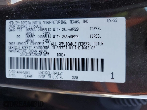 2022 Toyota Tundra Limited Hybrid with VIN 5TFJC5EC3NX001878, listed as a Copart auction lot 41590215 with Not provided miles and Clean title. Bid and sale history available at DreamBid. Image 12.