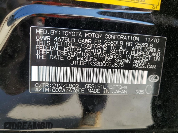 2011 Lexus GS 350 with VIN JTHBE1KS8B0052878, listed as a Copart auction lot 74982144 with 108,174 mi miles and Salvage Title. Bid and sale history available at carsss.com. Image 12.