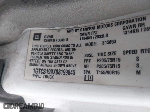 2008 GMC Canyon SLE1 with VIN 1GTCS199X88199845, listed as a IAAI auction lot 40950472 with 165,340 mi miles. Bid and sale history available at carsss.com. Image 9.