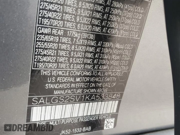 2019 Land Rover Range Rover HSE с VIN SALGS2SV1KA533848, выставлен на аукционе Copart как лот 61003145 с пробегом 48 422 миль миль и Списание • Salvage title. История ставок и продаж доступна на DreamBid. Изображение 13.