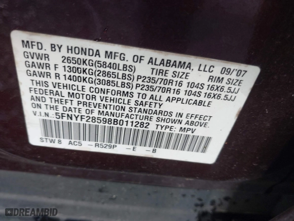 2008 Honda Pilot EX-L with VIN 5FNYF28598B011282, listed as a IAAI auction lot 42000822 with 229,046 mi miles. Bid and sale history available at carsss.com. Image 9.