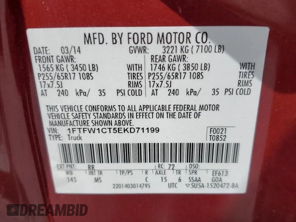 2014 Ford F-150 XL with VIN 1FTFW1CT5EKD71199, listed as a Copart auction lot 51863235 with 183,436 mi miles and Clean Title. Bid and sale history available at carsss.com. Image 12.