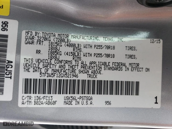 2016 Toyota Tundra 4WD Truck SR5 with VIN 5TFDW5F12GX521946, listed as a Copart auction lot 87753665 with NaN miles and Salvage Title. Bid and sale history available at carsss.com. Image 14.