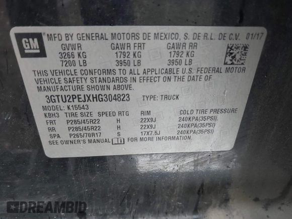 2017 GMC Sierra 1500 Denali z VIN 3GTU2PEJXHG304823, wystawiony jako IAAI lot #42293712 z przebiegiem 185 809 mil mil oraz . Historia ofert i sprzedaży dostępna na DreamBid. Obrazek 9.