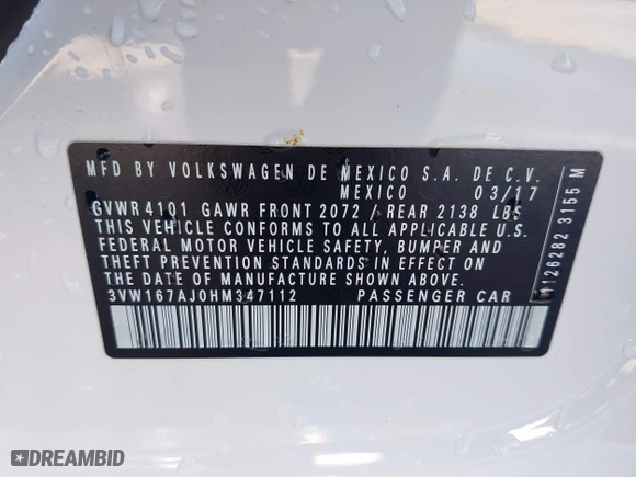 2017 Volkswagen Jetta 1.4T S with VIN 3VW167AJ0HM347112, listed as a IAAI auction lot 41819172 with 126,685 mi miles. Bid and sale history available at carsss.com. Image 9.