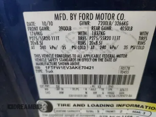 2010 Ford F-150 XL with VIN 1FTFW1EV3AKE70421, listed as a Copart auction lot 55401005 with 136,440 mi miles and Salvage title. Bid and sale history available at DreamBid. Image 12.