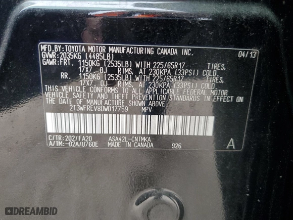 2013 Toyota RAV4 XLE with VIN 2T3WFREV8DW017759, listed as a Copart auction lot 47733605 with 109,658 mi miles and Salvage Title. Bid and sale history available at carsss.com. Image 15.