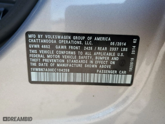 2014 Volkswagen Passat TDI SE w/Sunroof with VIN 1VWBN7A30EC104258, listed as a Copart auction lot 50903305 with 111,078 mi miles and Clean Title. Bid and sale history available at carsss.com. Image 13.