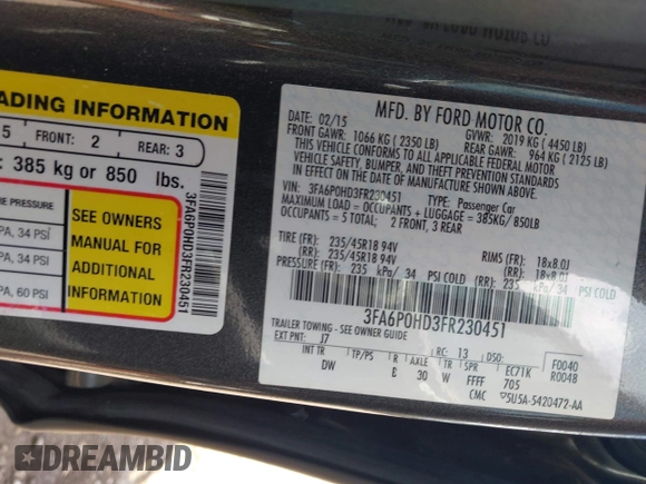 2015 Ford Fusion SE with VIN 3FA6P0HD3FR230451, listed as a IAAI auction lot 42610791 with 126,210 mi miles and . Bid and sale history available at DreamBid. Image 9.