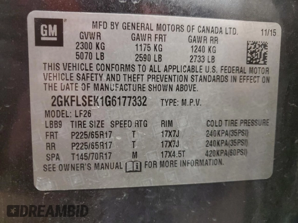 2016 GMC Terrain SLE with VIN 2GKFLSEK1G6177332, listed as a Copart auction lot 83106244 with 150,222 mi miles and Salvage Title. Bid and sale history available at DreamBid. Image 15.