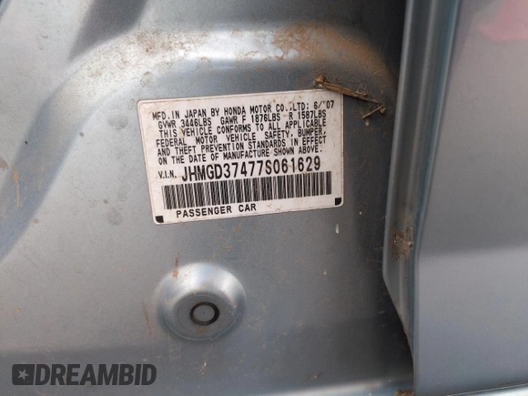 2007 Honda Fit with VIN JHMGD37477S061629, listed as a Copart auction lot 60435605 with 89,193 mi miles and Clean title. Bid and sale history available at DreamBid. Image 12.