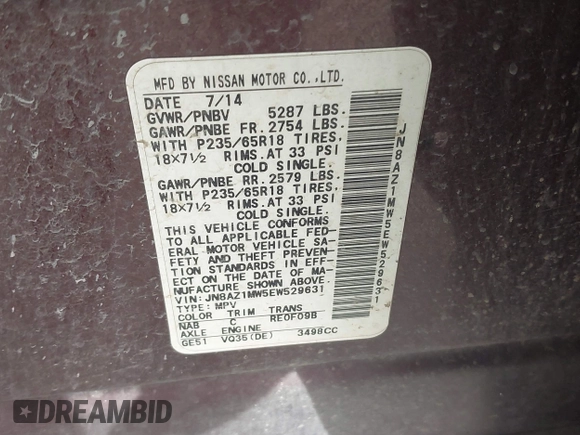 2014 Nissan Murano S with VIN JN8AZ1MW5EW529631, listed as a IAAI auction lot 42385719 with 168,182 mi miles and . Bid and sale history available at DreamBid. Image 9.