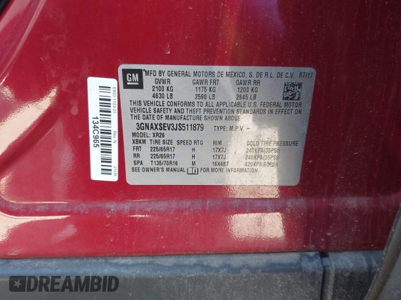 2018 Chevrolet Equinox LT with VIN 3GNAXSEV3JS511879, listed as a IAAI auction lot 42001009 with 184,169 mi miles. Bid and sale history available at carsss.com. Image 9.