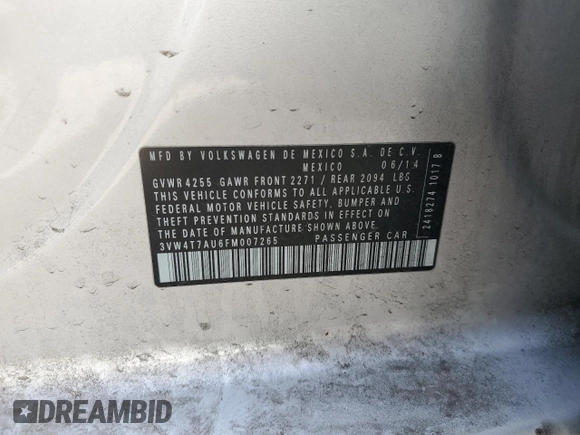 2015 Volkswagen GTI SE with VIN 3VW4T7AU6FM007265, listed as a Copart auction lot 74313094 with 141,628 mi miles and Salvage Title. Bid and sale history available at DreamBid. Image 14.
