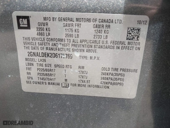 2013 Chevrolet Equinox LT with VIN 2GNALDEK2D6175769, listed as a IAAI auction lot 42088669 with 145,337 mi miles. Bid and sale history available at carsss.com. Image 9.