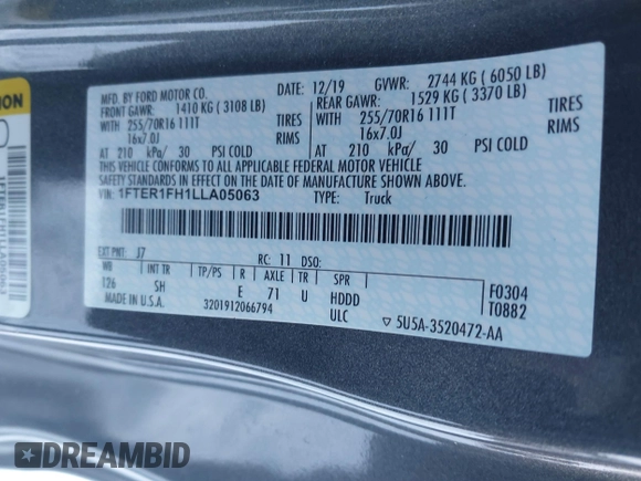 2020 Ford Ranger XL with VIN 1FTER1FH1LLA05063, listed as a IAAI auction lot 41525056 with 42,850 mi miles and . Bid and sale history available at DreamBid. Image 9.