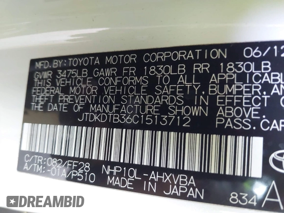 2012 Toyota Prius One with VIN JTDKDTB36C1513712, listed as a IAAI auction lot 42163440 with 130,794 mi miles. Bid and sale history available at carsss.com. Image 9.
