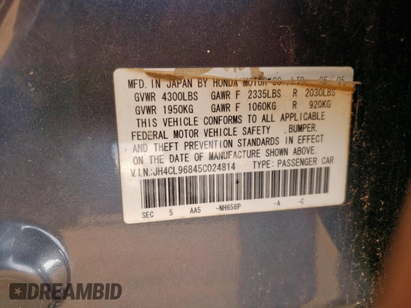 2005 Acura TSX z VIN JH4CL96845C024814, wystawiony jako Copart lot #63786025 z przebiegiem Nie podano mil oraz Nie do naprawy • Non repairable. Historia ofert i sprzedaży dostępna na DreamBid. Obrazek 12.
