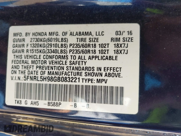 2016 Honda Odyssey Touring Elite with VIN 5FNRL5H98GB083221, listed as a IAAI auction lot 41626604 with 145,341 mi miles and . Bid and sale history available at DreamBid. Image 9.
