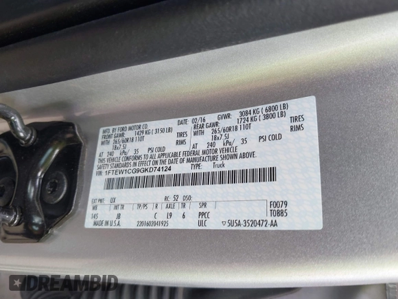 2016 Ford F-150 XL with VIN 1FTEW1CG9GKD74124, listed as a IAAI auction lot 41476757 with 62,581 mi miles and . Bid and sale history available at carsss.com. Image 9.