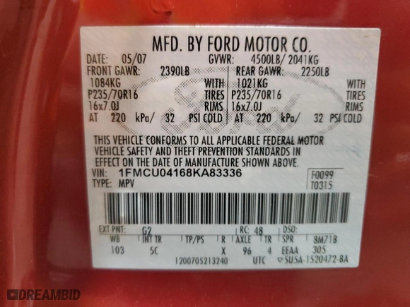 2008 Ford Escape Limited with VIN 1FMCU04168KA83336, listed as a Copart auction lot 51614055 with 229,212 mi miles and Salvage Title. Bid and sale history available at carsss.com. Image 15.