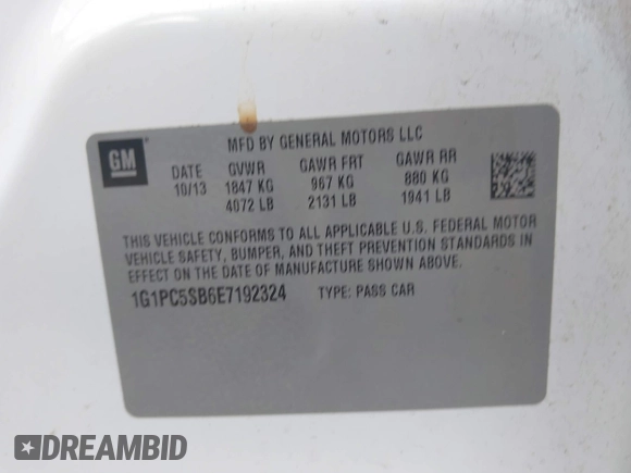2014 Chevrolet Cruze 1LT with VIN 1G1PC5SB6E7192324, listed as a IAAI auction lot 42783725 with 191,784 mi miles and . Bid and sale history available at DreamBid. Image 9.