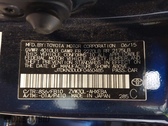 2015 Toyota Prius Four with VIN JTDKN3DU0F0460485, listed as a IAAI auction lot 42019819 with 61,200 mi miles. Bid and sale history available at carsss.com. Image 9.