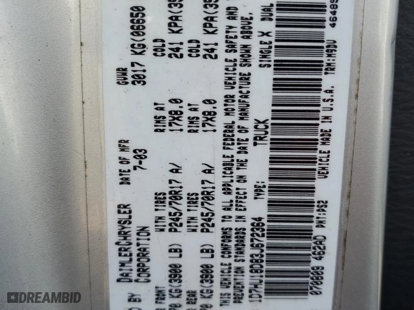 2003 Dodge Ram 1500 ST with VIN 1D7HU18D83J672364, listed as a Copart auction lot 43770495 with 0 mi miles and Salvage Title. Bid and sale history available at carsss.com. Image 12.