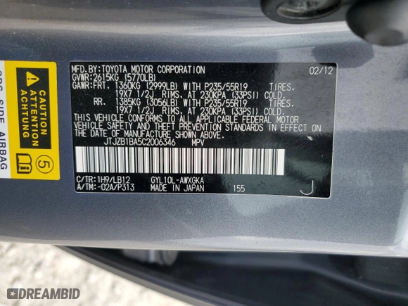 2012 Lexus RX 450h with VIN JTJZB1BA5C2006346, listed as a Copart auction lot 86299484 with 160,696 mi miles and Salvage Title. Bid and sale history available at carsss.com. Image 13.