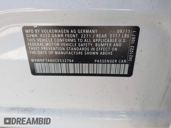 2012 Volkswagen CC Sport with VIN WVWNP7AN0CE532764, listed as a IAAI auction lot 42504373 with 97,562 mi miles and . Bid and sale history available at DreamBid. Image 9.