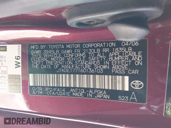 2006 Scion tC z VIN JTKDE177160136103, wystawiony jako IAAI lot #42258561 z przebiegiem 186 534 mil mil oraz . Historia ofert i sprzedaży dostępna na DreamBid. Obrazek 9.