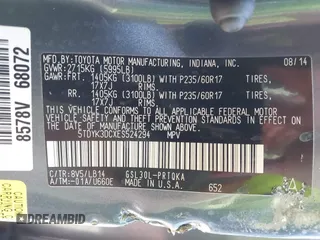 2014 Toyota Sienna XLE with VIN 5TDYK3DCXES524294, listed as a IAAI auction lot 42546467 with 122,257 mi miles and . Bid and sale history available at DreamBid. Image 9.