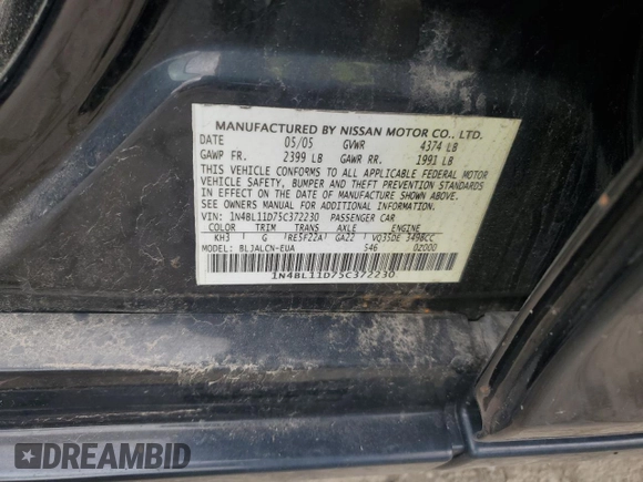2005 Nissan Altima SE-R with VIN 1N4BL11D75C372230, listed as a Copart auction lot 53183765 with 214,119 mi miles and Clean title. Bid and sale history available at DreamBid. Image 12.