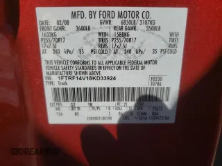2008 Ford F-150 XL z VIN 1FTRF14V18KD33924, wystawiony jako Copart lot #58042515 z przebiegiem 37 274 mil mil oraz Szkoda całkowita • Salvage title. Historia ofert i sprzedaży dostępna na DreamBid. Obrazek 12.