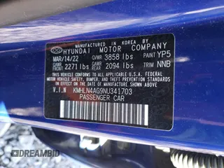 2022 Hyundai Elantra SEL z VIN KMHLN4AG9NU341703, wystawiony jako Copart lot #55013655 z przebiegiem 51 695 mil mil oraz Szkoda całkowita • Salvage title. Historia ofert i sprzedaży dostępna na DreamBid. Obrazek 12.
