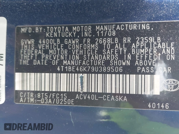 2009 Toyota Camry with VIN 4T1BE46K79U389506, listed as a IAAI auction lot 42016983 with 155,722 mi miles and . Bid and sale history available at carsss.com. Image 9.
