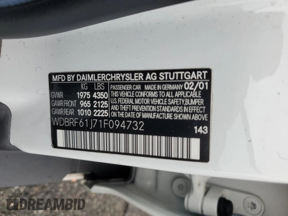 2001 Mercedes-Benz C 230/260/280/320 z VIN WDBRF61J71F094732, wystawiony jako Copart lot #50448475 z przebiegiem 39 911 mil mil oraz Czysty tytuł • Clean title. Historia ofert i sprzedaży dostępna na DreamBid. Obrazek 12.