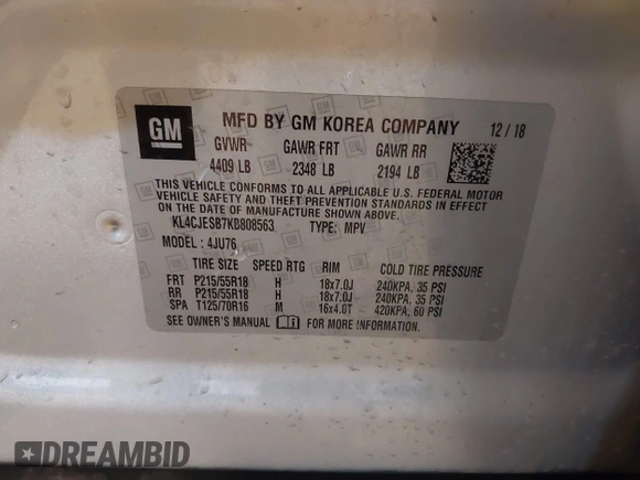2019 Buick Encore Preferred with VIN KL4CJESB7KB808563, listed as a IAAI auction lot 41428332 with 68,886 mi miles. Bid and sale history available at carsss.com. Image 9.