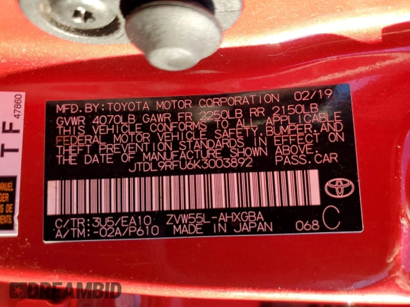 2019 Toyota Prius LE with VIN JTDL9RFU6K3003892, listed as a Copart auction lot 55419575 with 79,144 mi miles and Salvage Title. Bid and sale history available at DreamBid. Image 12.