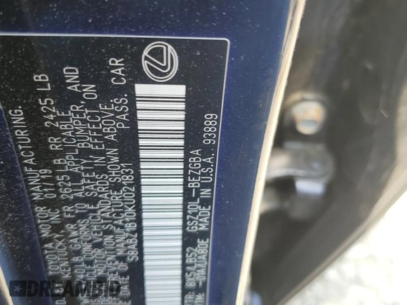 2019 Lexus ES 350 with VIN 58ABZ1B10KU021831, listed as a Copart auction lot 62299345 with Not provided miles and Salvage title. Bid and sale history available at DreamBid. Image 12.
