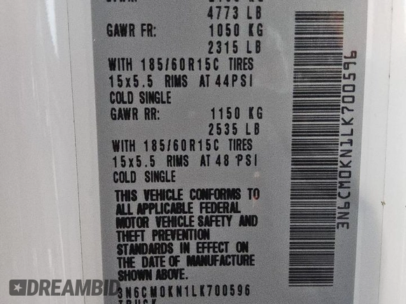 2020 Nissan NV200 SV with VIN 3N6CM0KN1LK700596, listed as a Copart auction lot 62718785 with 150,405 mi miles and Clean title. Bid and sale history available at DreamBid. Image 13.