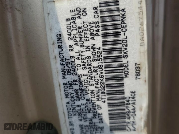 1997 Toyota Camry LE z VIN 4T1BG22K6VU815524, wystawiony jako Copart lot #57466415 z przebiegiem Nie podano mil oraz Szkoda całkowita • Salvage title. Historia ofert i sprzedaży dostępna na DreamBid. Obrazek 12.