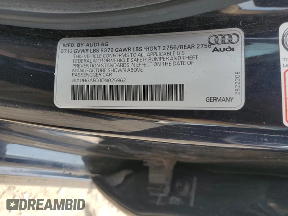 2013 Audi A6 Prestige with VIN WAUHGAFC0DN025962, listed as a Copart auction lot 60725825 with 134,736 mi miles and Clean title. Bid and sale history available at DreamBid. Image 12.